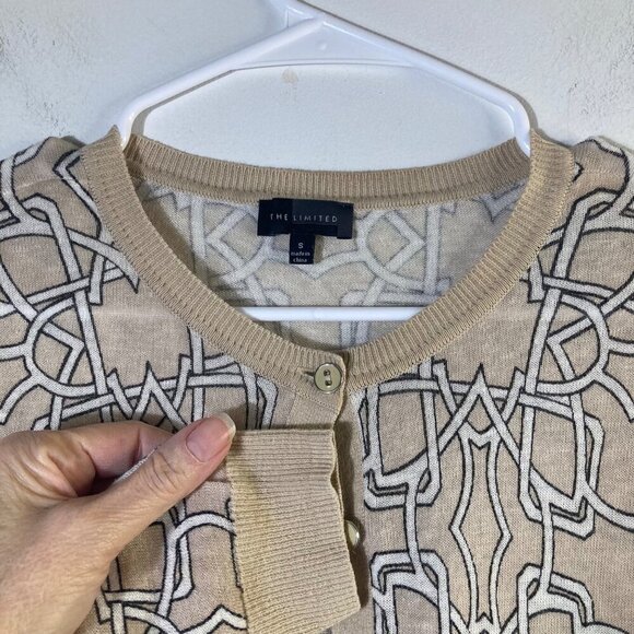 Womens The Limited Linen Blend Cropped Cardigan 3/4 Sleeve S Tan White Black Pat - Picture 3 of 9